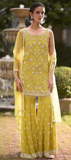 Yellow color Salwar Kameez in Georgette fabric with Cut Dana, Embroidered, Sequence, Thread work