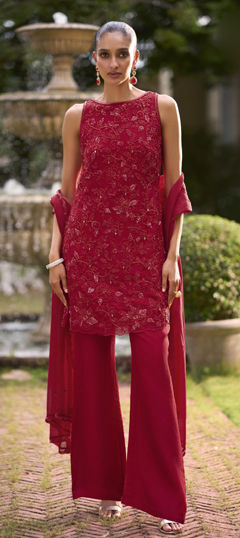 Red and Maroon color Salwar Kameez in Georgette fabric with Cut Dana, Embroidered, Sequence, Thread work