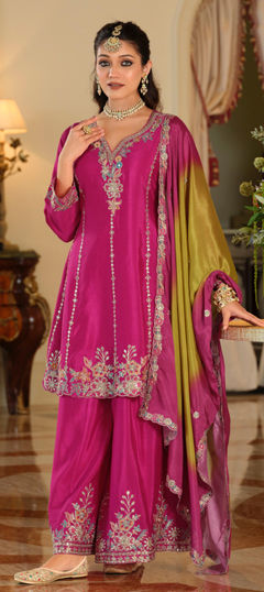 Pink and Majenta color Salwar Kameez in Chinon Silk fabric with Embroidered, Sequence, Zari work