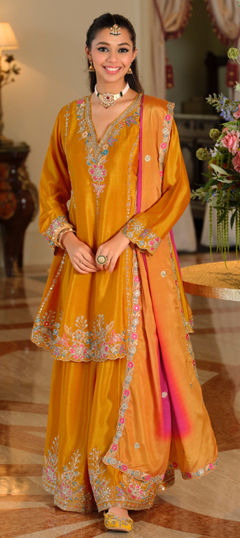 Yellow color Salwar Kameez in Chinon Silk fabric with Embroidered, Sequence, Zari work