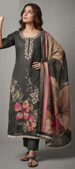 Black and Grey color Salwar Kameez in Cotton fabric with Bugle Beads, Embroidered, Gota Patti, Moti, Printed work