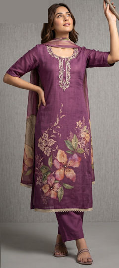 Purple and Violet color Salwar Kameez in Cotton fabric with Bugle Beads, Embroidered, Gota Patti, Moti, Printed work