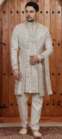 Beige and Brown color Sherwani in Art Silk fabric with Bugle Beads, Cut Dana, Embroidered, Sequence work
