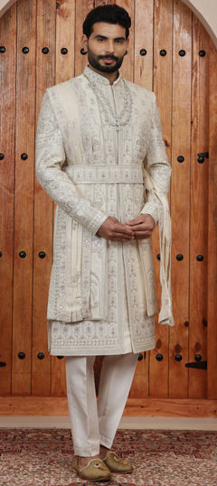 Beige and Brown color Sherwani in Art Silk fabric with Bugle Beads, Cut Dana, Embroidered, Sequence work