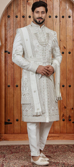 White and Off White color Sherwani in Art Silk fabric with Bugle Beads, Cut Dana, Embroidered, Sequence work