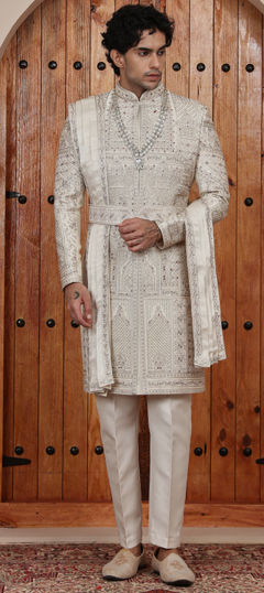 Beige and Brown color Sherwani in Art Silk fabric with Bugle Beads, Cut Dana, Embroidered, Sequence work