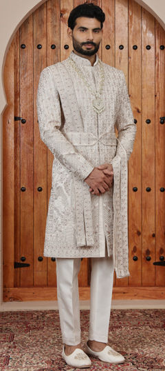 Beige and Brown color Sherwani in Art Silk fabric with Bugle Beads, Cut Dana, Embroidered, Sequence work