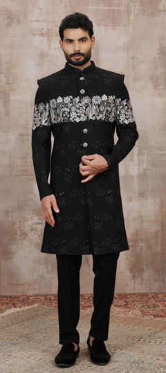 Black and Grey color Sherwani in Art Silk fabric with Embroidered, Thread work