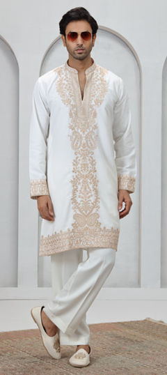 Beige and Brown color Kurta Pyjamas in Art Silk fabric with Embroidered work