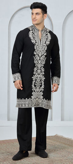 Black and Grey color Kurta Pyjamas in Art Silk fabric with Embroidered work
