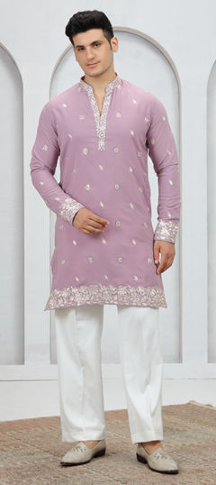 Beige and Brown color Kurta Pyjamas in Art Silk fabric with Embroidered work