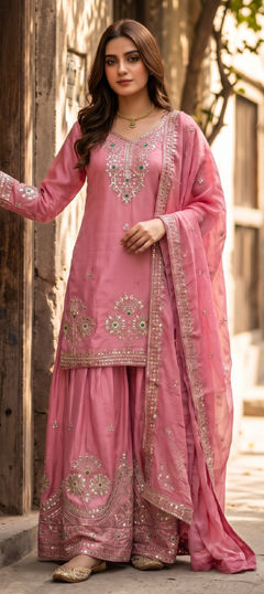 Pink and Majenta color Salwar Kameez in Satin Silk fabric with Embroidered, Sequence work