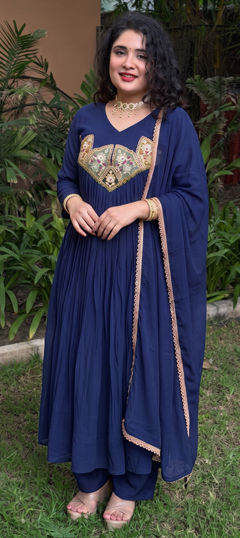 Blue color Salwar Kameez in Mul Chanderi fabric with Patch work