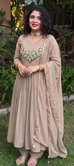 Beige and Brown color Salwar Kameez in Mul Chanderi fabric with Patch work