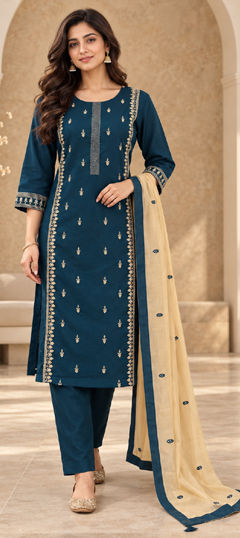 Blue color Salwar Kameez in Cotton fabric with Embroidered work