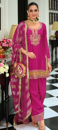 Pink and Majenta color Salwar Kameez in Chinon Silk fabric with Bugle Beads, Embroidered, Sequence work