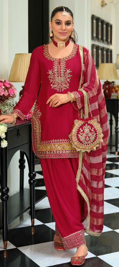 Red and Maroon color Salwar Kameez in Chinon Silk fabric with Bugle Beads, Embroidered, Sequence work