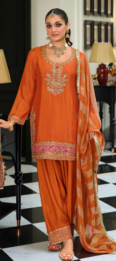 Orange color Salwar Kameez in Chinon Silk fabric with Bugle Beads, Embroidered, Sequence work