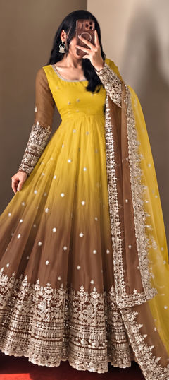Beige and Brown, Yellow color Salwar Kameez in Georgette fabric with Embroidered, Sequence work