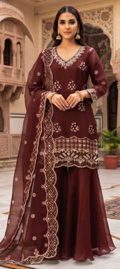 Red and Maroon color Salwar Kameez in Silk fabric with Embroidered work