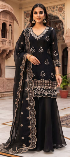 Black and Grey color Salwar Kameez in Silk fabric with Embroidered work