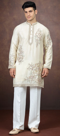 Gold color Kurta Pyjamas in Art Silk fabric with Bugle Beads, Cut Dana, Embroidered work