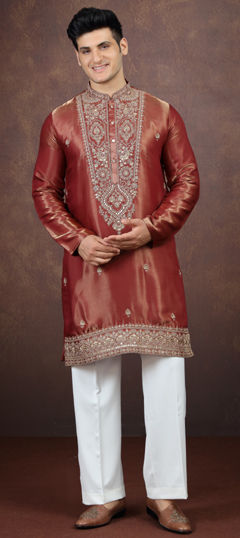 Red and Maroon color Kurta Pyjamas in Art Silk fabric with Embroidered work