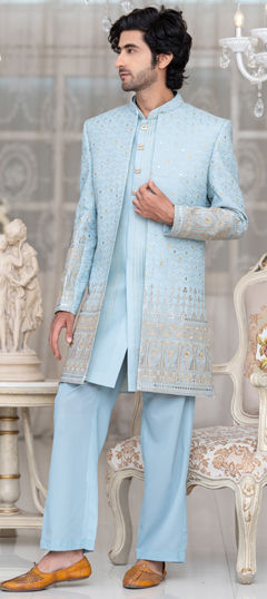 Blue color IndoWestern Dress in Silk fabric with Embroidered work