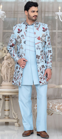 Blue color IndoWestern Dress in Silk fabric with Embroidered work