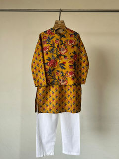 Yellow color Boys Kurta Pyjama with Jacket in Cotton fabric with Floral, Printed work