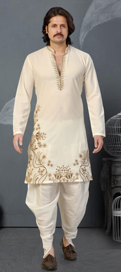 Beige and Brown color Dhoti Kurta in Viscose fabric with Embroidered, Thread, Zari work