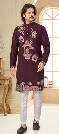 Red and Maroon color Kurta Pyjamas in Viscose fabric with Embroidered, Thread, Zari work