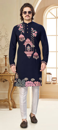 Blue color Kurta Pyjamas in Viscose fabric with Embroidered, Thread, Zari work