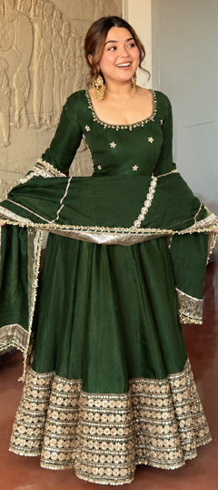 Green color Salwar Kameez in Chinon Silk fabric with Embroidered, Gota Patti, Sequence work