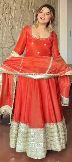 Orange color Salwar Kameez in Chinon Silk fabric with Embroidered, Gota Patti, Sequence work