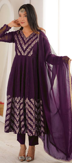 Purple and Violet color Salwar Kameez in Crushed Silk fabric with Embroidered, Sequence work