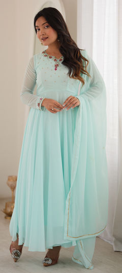 Blue color Salwar Kameez in Faux Georgette fabric with Moti, Thread, Zardozi work