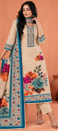 Beige and Brown color Salwar Kameez in Cotton fabric with Bugle Beads, Cut Dana, Embroidered, Floral, Printed work