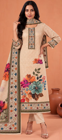 Beige and Brown color Salwar Kameez in Cotton fabric with Bugle Beads, Cut Dana, Embroidered, Floral, Printed work