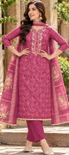 Pink and Majenta color Salwar Kameez in Cotton fabric with Bandhej, Bugle Beads, Cut Dana, Gota Patti, Printed work