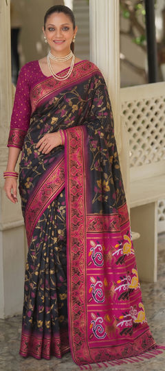 Black and Grey color Saree in Silk fabric with Weaving work