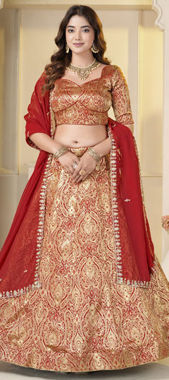 Red and Maroon color Lehenga in Brocade fabric with Weaving, Zari work