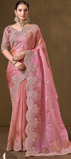 Pink and Majenta color Saree in Tissue fabric with Embroidered, Sequence work
