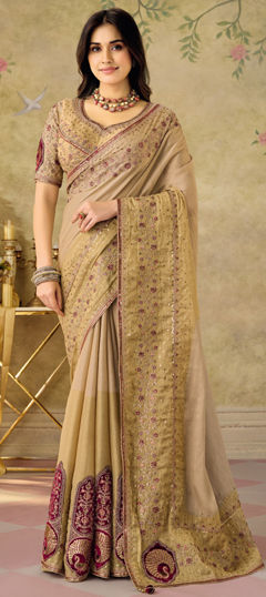 Beige and Brown color Saree in Silk fabric with Embroidered, Sequence, Thread, Zari work