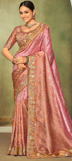 Pink and Majenta color Saree in Silk fabric with Embroidered, Sequence, Stone, Thread, Zari work