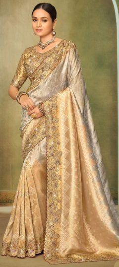 Black and Grey color Saree in Silk fabric with Embroidered, Sequence, Stone, Thread, Zari work