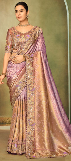 Purple and Violet color Saree in Silk fabric with Embroidered, Sequence, Stone, Thread, Zari work