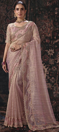 Pink and Majenta color Saree in Tissue fabric with Bugle Beads, Cut Dana, Moti, Thread work