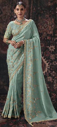 Blue color Saree in Tissue fabric with Bugle Beads, Cut Dana, Moti, Thread work