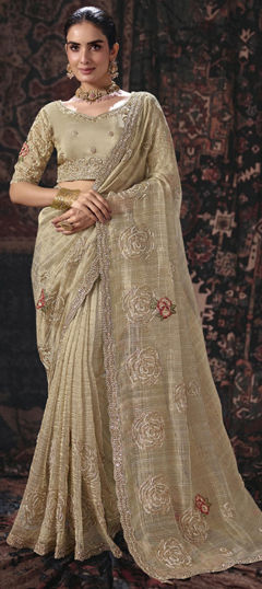 Beige and Brown color Saree in Tissue fabric with Bugle Beads, Cut Dana, Moti, Thread work